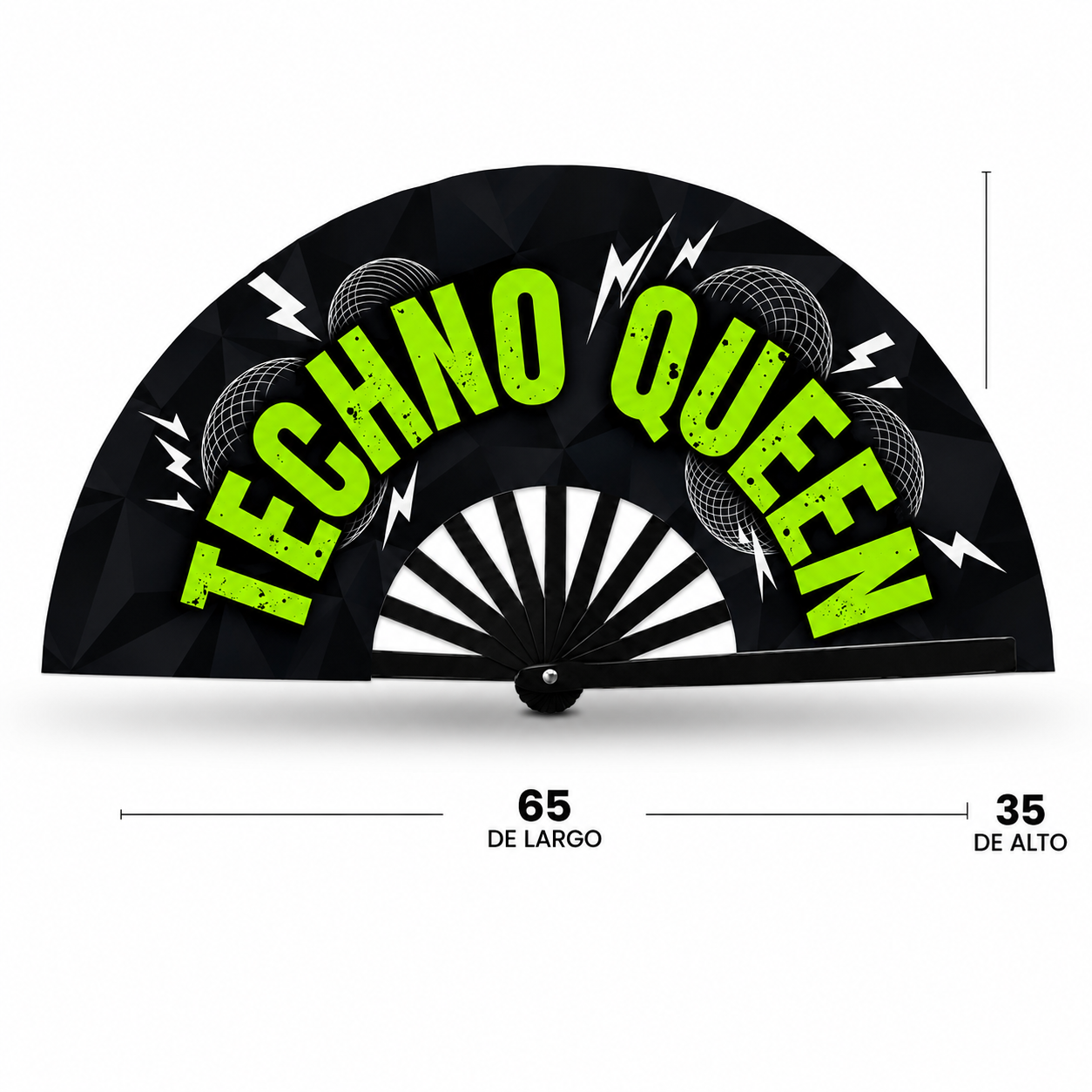 Abanico Techno Queen desplegado – vista frontal con medidas