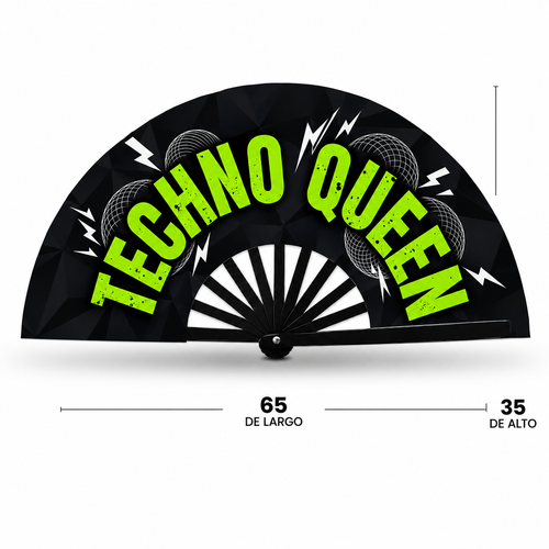 Abanico Techno Queen desplegado – vista frontal con medidas