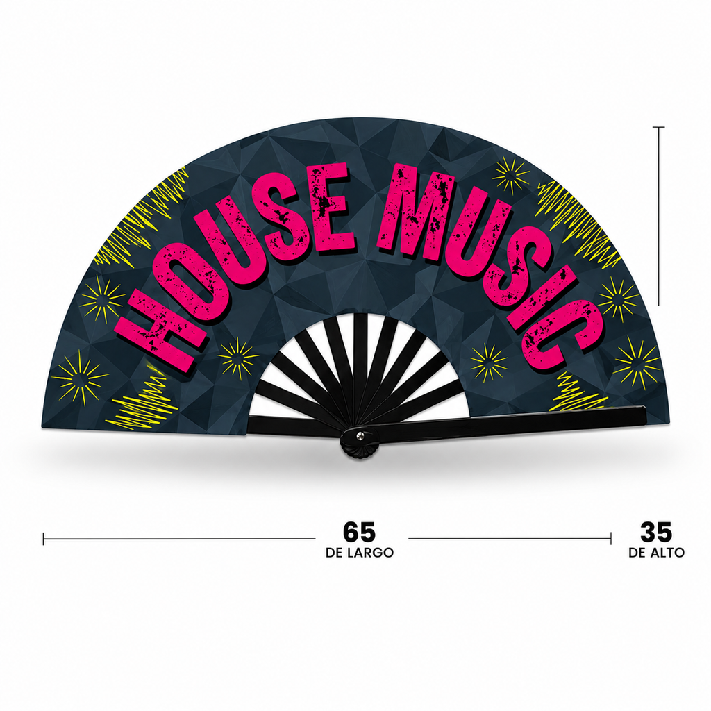Abanico House Music desplegado – vista frontal con medidas