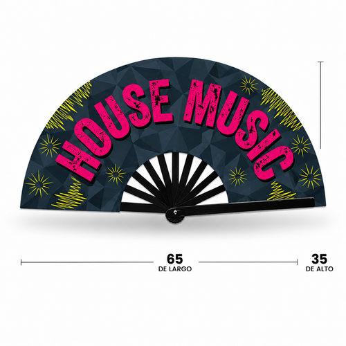 Abanico House Music desplegado – vista frontal con medidas