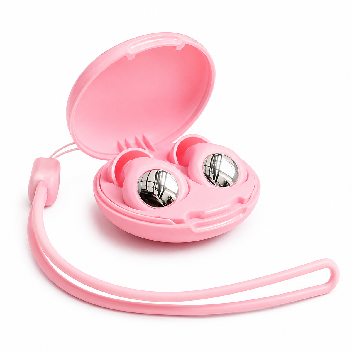 Earplugs Pink - estuche rosa sobre fondo negro con correa